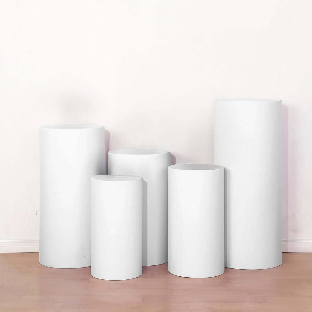 Set of 5 White Spandex Cylinder Pedestal Stand Covers, Stretchable Pillar Prop Covers - 160 GSM - Bell Racket Store