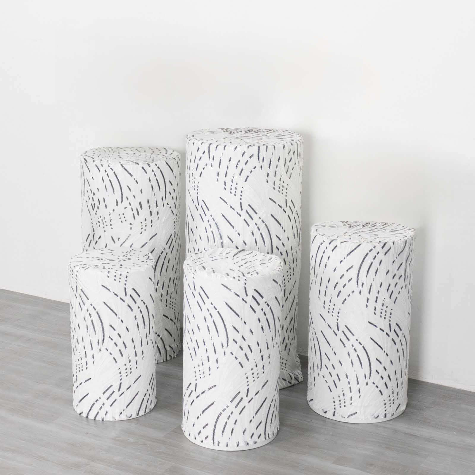 Set of 5 White Wave Mesh Cylinder Pedestal Stand Covers with Embroidered Sequins, Pillar Prop Covers - 160 GSM - Bell Racket Store