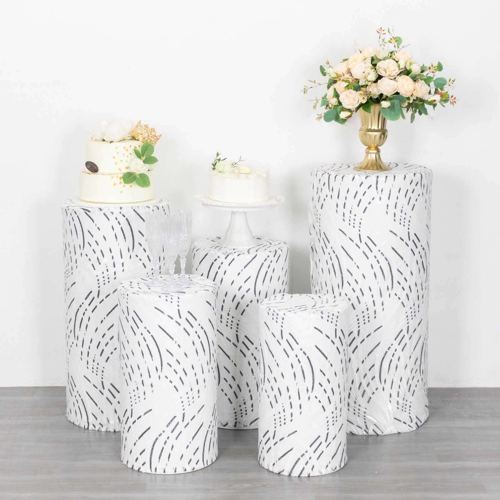 Set of 5 White Wave Mesh Cylinder Pedestal Stand Covers with Embroidered Sequins, Pillar Prop Covers - 160 GSM - Bell Racket Store