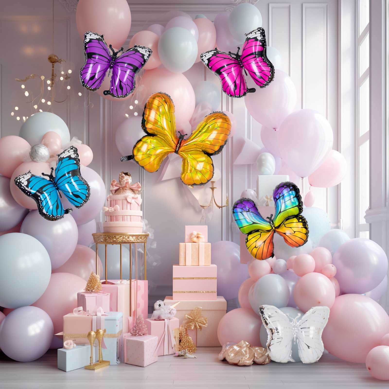 Set of 6 Assorted Butterfly Helium Foil Balloons, Fairy Tale Theme Party Supplies - 21",23",28" - Bell Racket Store