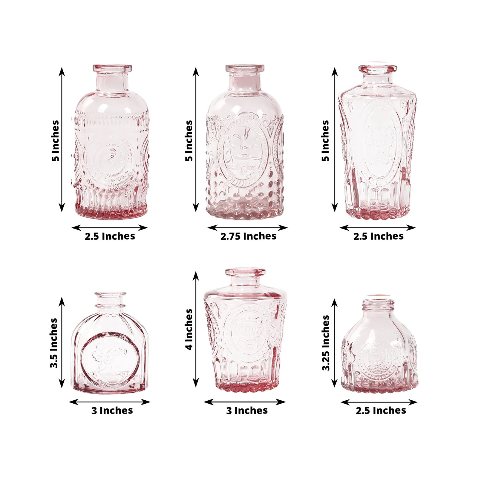 Set of 6 Embossed Glass Bud Vases Vintage Dusty Rose - Apothecary Style Decorative Table Centerpieces - Bell Racket Store