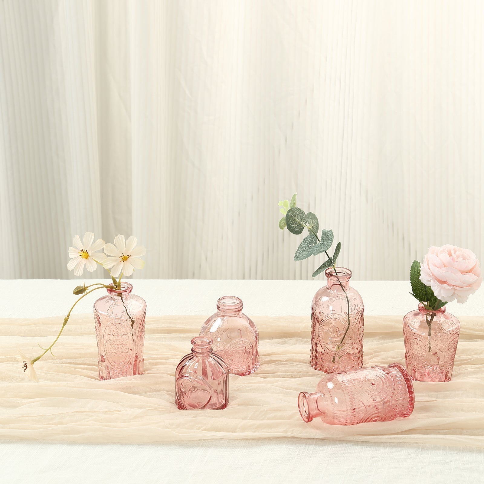 Set of 6 Embossed Glass Bud Vases Vintage Dusty Rose - Apothecary Style Decorative Table Centerpieces - Bell Racket Store