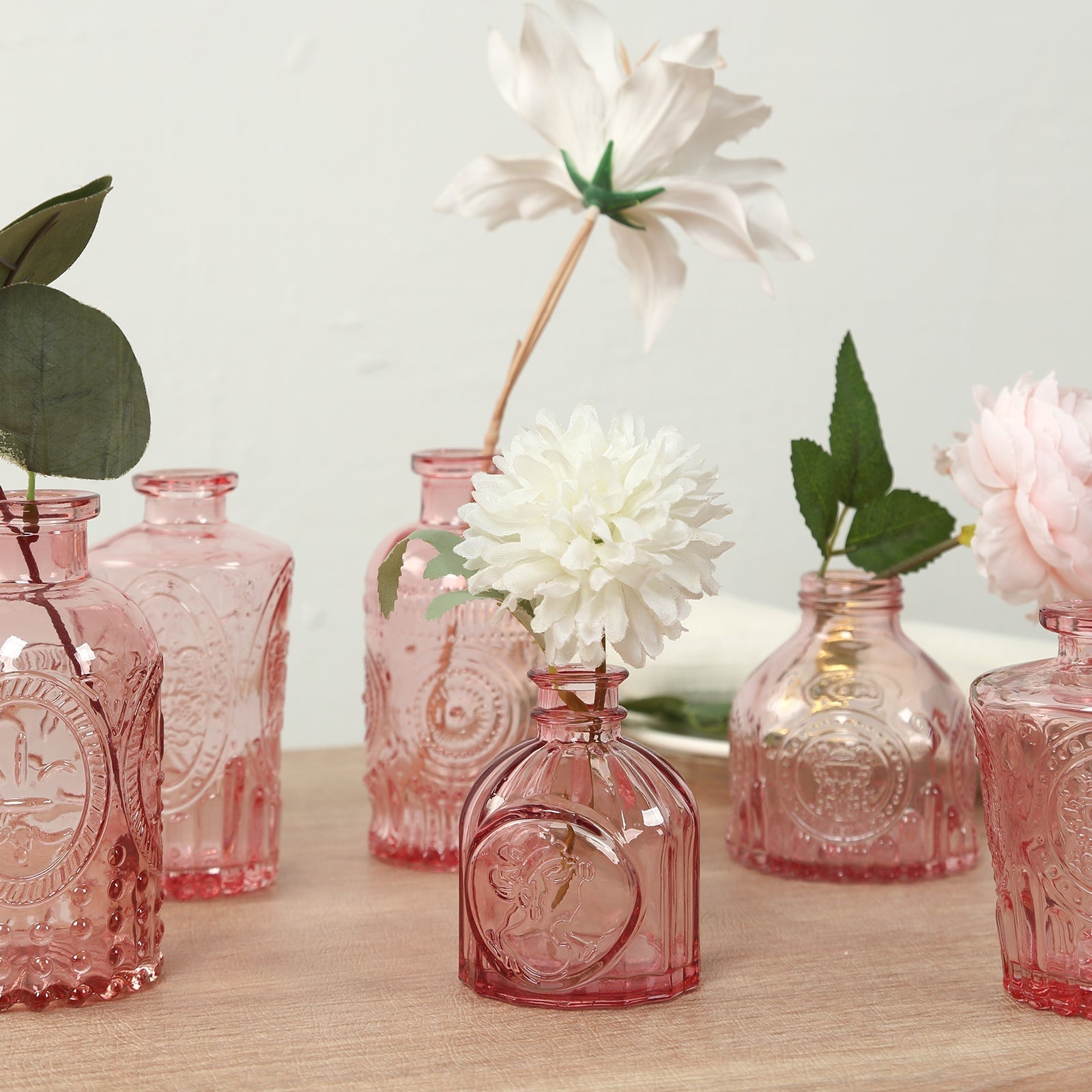 Set of 6 Embossed Glass Bud Vases Vintage Dusty Rose - Apothecary Style Decorative Table Centerpieces - Bell Racket Store