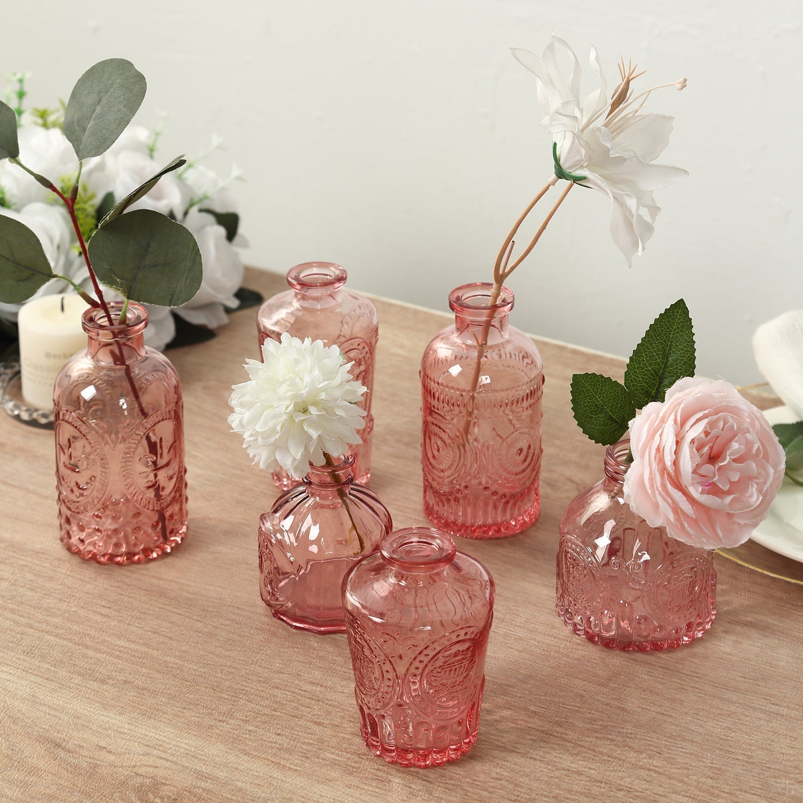 Set of 6 Embossed Glass Bud Vases Vintage Dusty Rose - Apothecary Style Decorative Table Centerpieces - Bell Racket Store