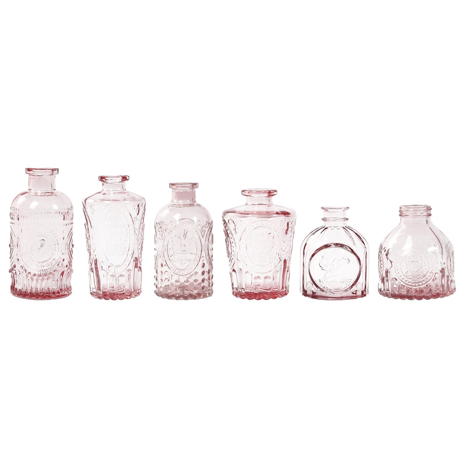 Set of 6 Embossed Glass Bud Vases Vintage Dusty Rose - Apothecary Style Decorative Table Centerpieces - Bell Racket Store