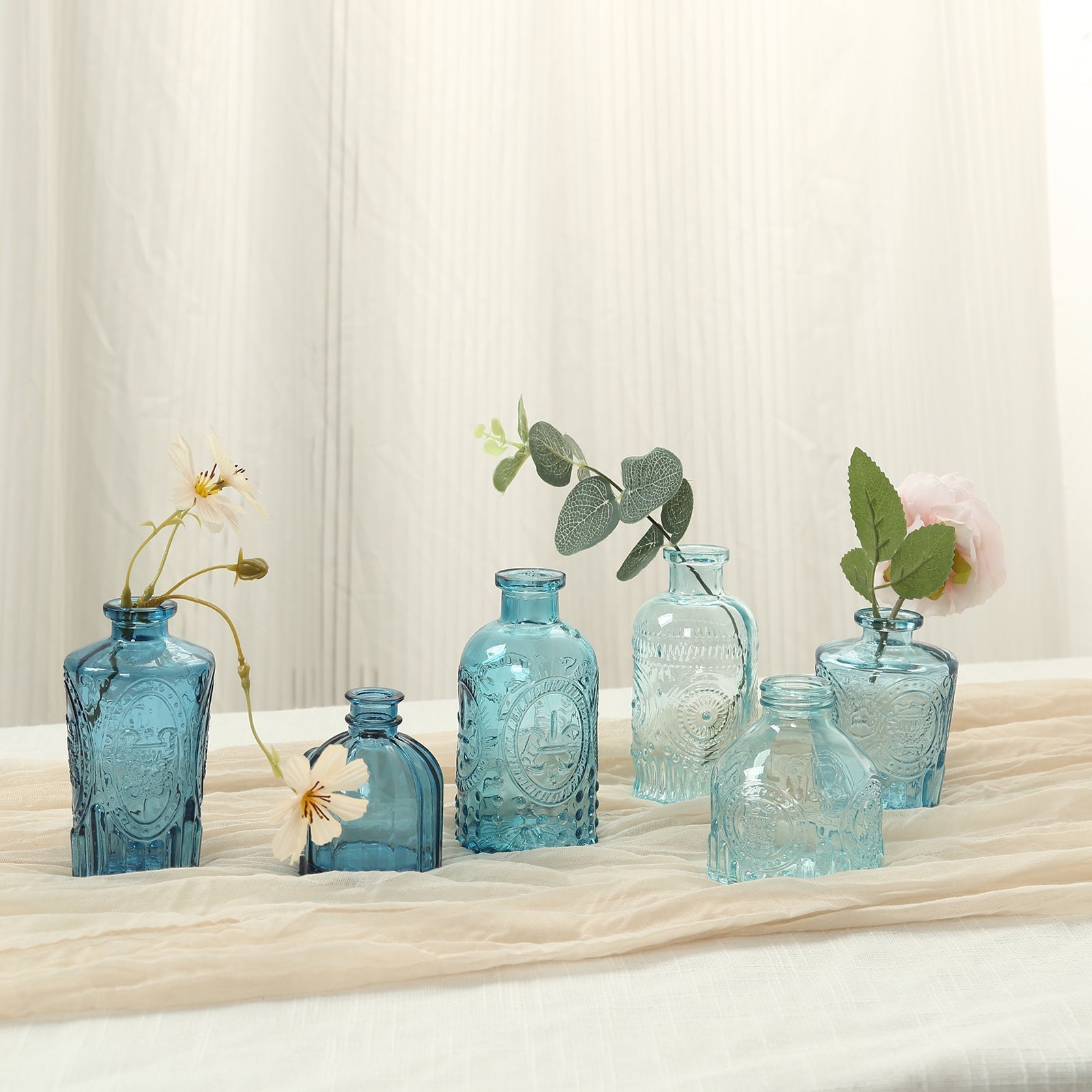 Set of 6 Embossed Glass Bud Vases Vintage Mixed Blue - Apothecary Style Decorative Table Centerpieces - Bell Racket Store