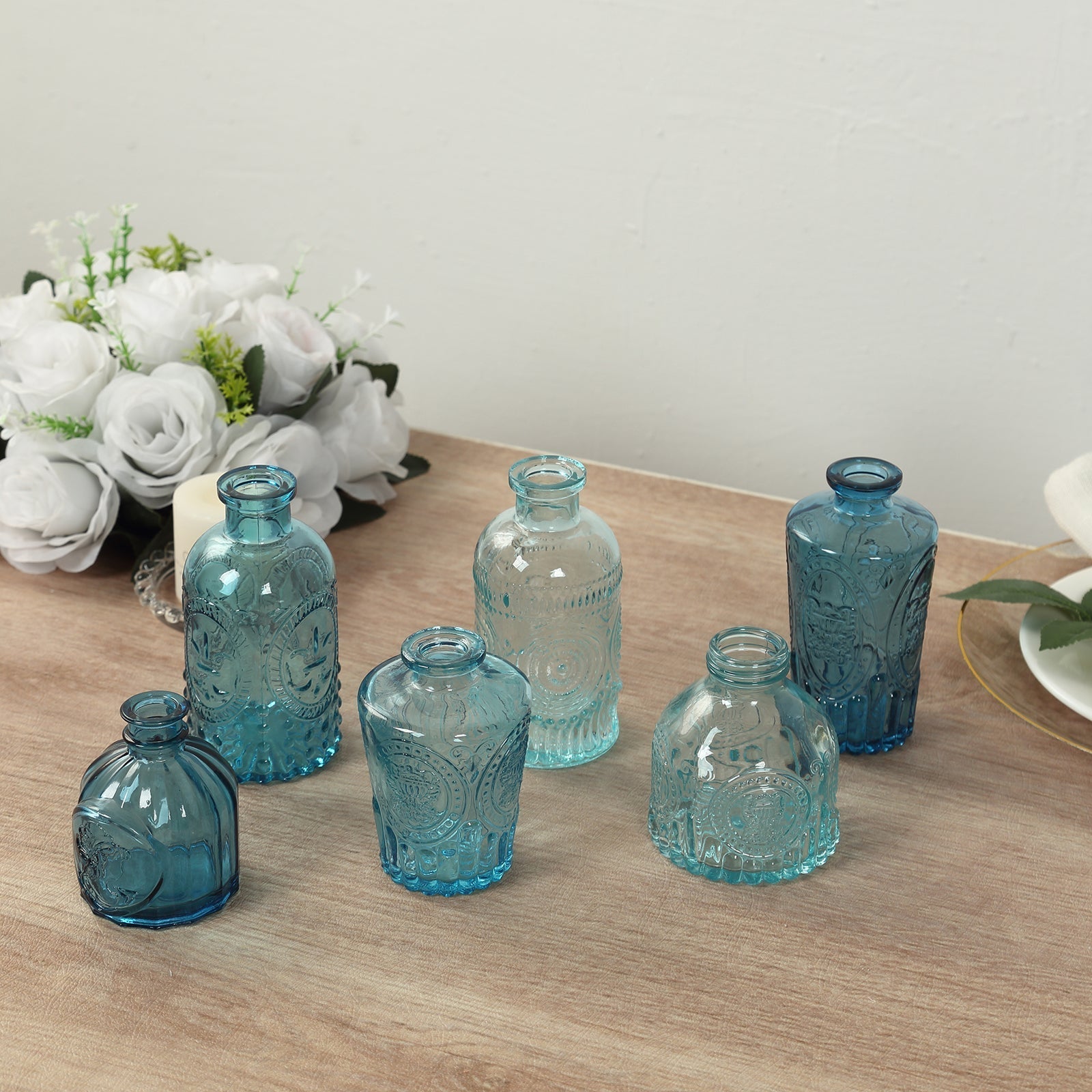 Set of 6 Embossed Glass Bud Vases Vintage Mixed Blue - Apothecary Style Decorative Table Centerpieces - Bell Racket Store