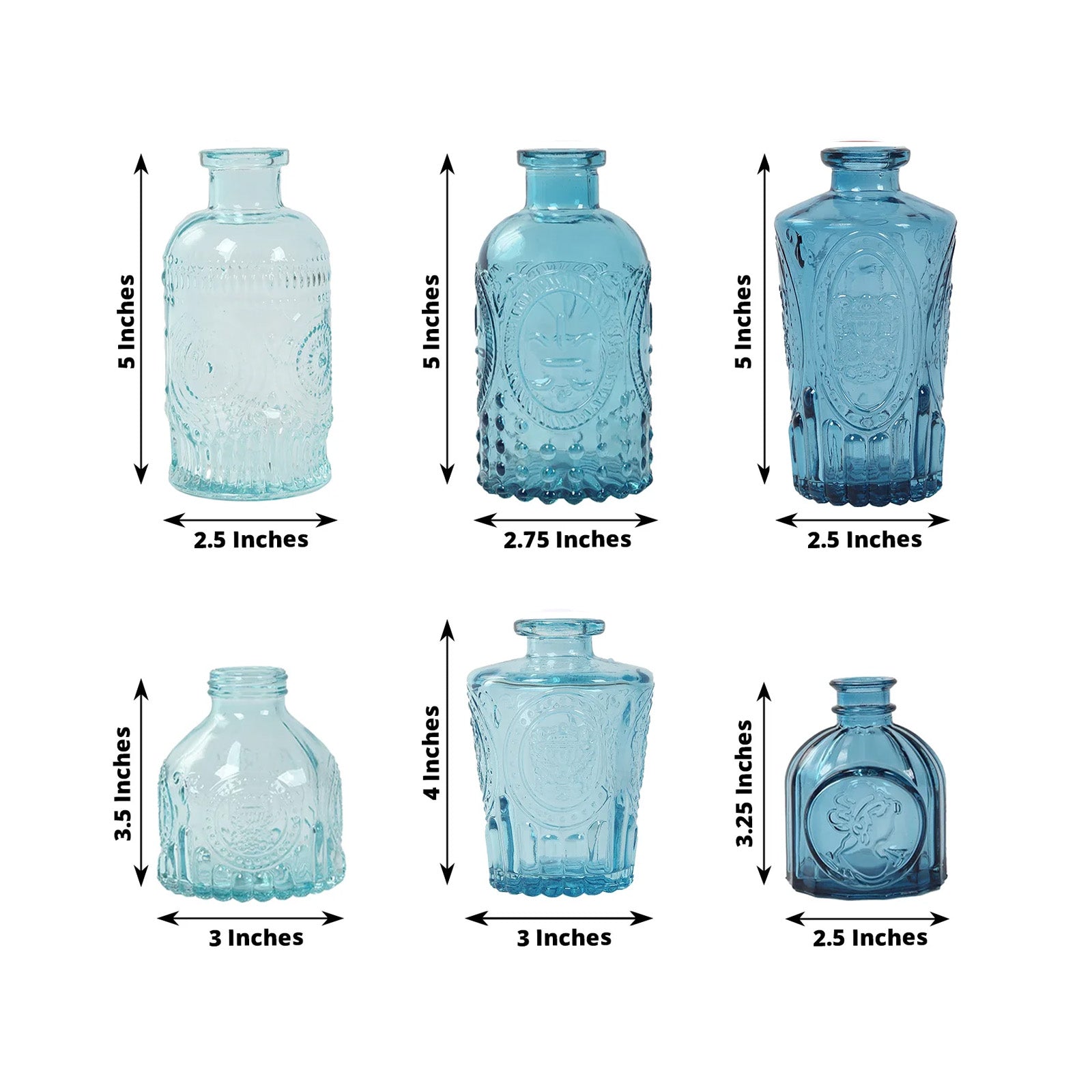 Set of 6 Embossed Glass Bud Vases Vintage Mixed Blue - Apothecary Style Decorative Table Centerpieces - Bell Racket Store