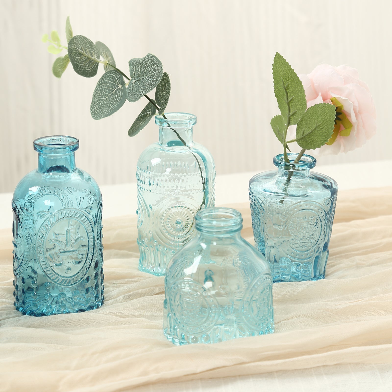 Set of 6 Embossed Glass Bud Vases Vintage Mixed Blue - Apothecary Style Decorative Table Centerpieces - Bell Racket Store