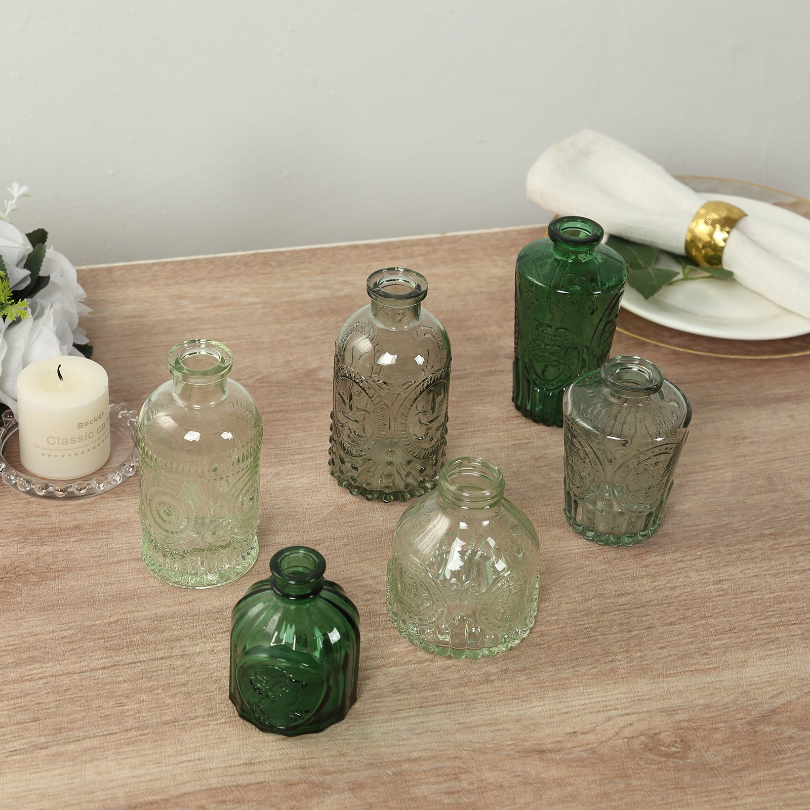 Set of 6 Embossed Glass Bud Vases Vintage Mixed Green - Apothecary Style Decorative Table Centerpieces - Bell Racket Store