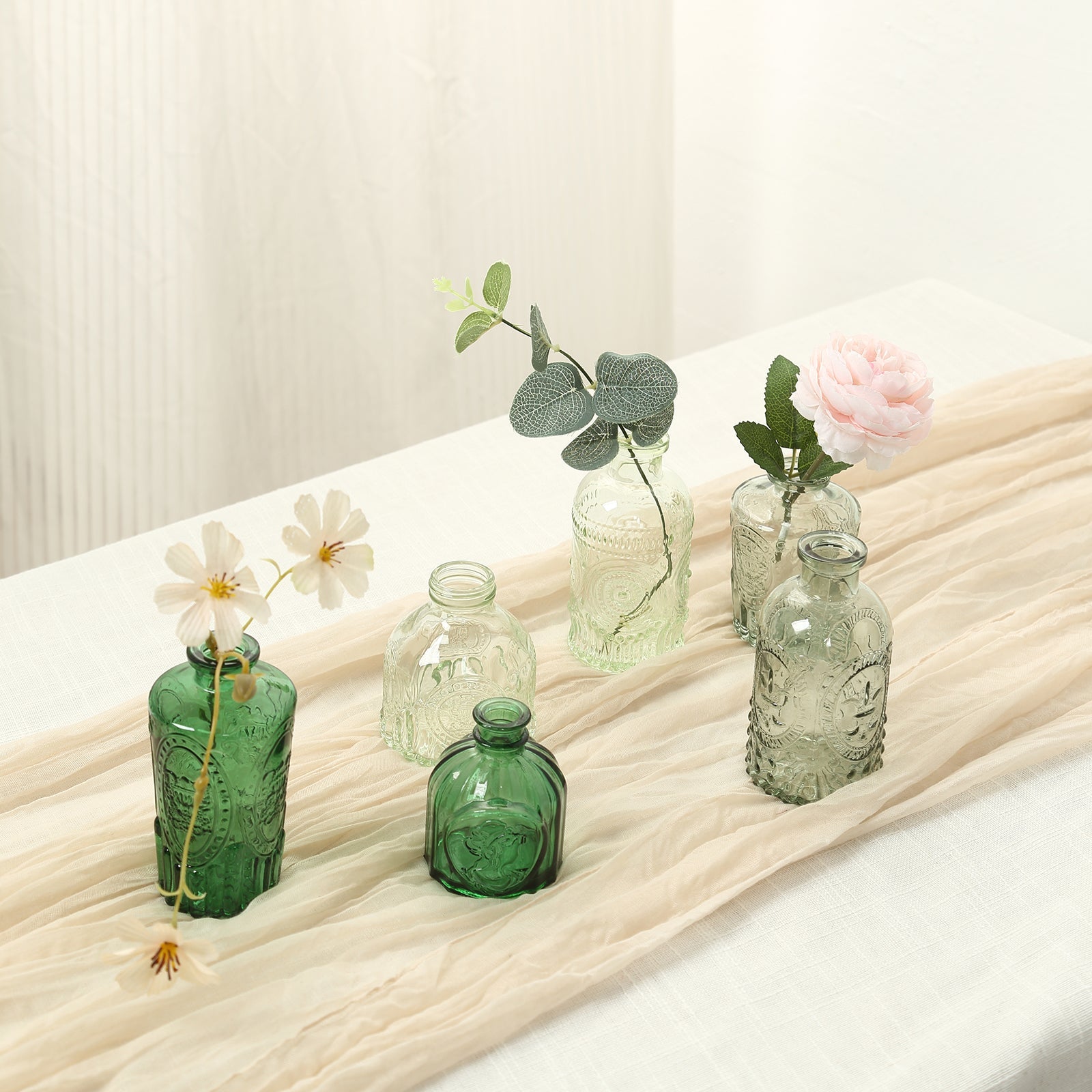 Set of 6 Embossed Glass Bud Vases Vintage Mixed Green - Apothecary Style Decorative Table Centerpieces - Bell Racket Store