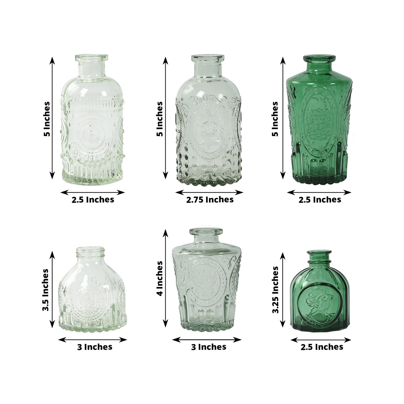 Set of 6 Embossed Glass Bud Vases Vintage Mixed Green - Apothecary Style Decorative Table Centerpieces - Bell Racket Store