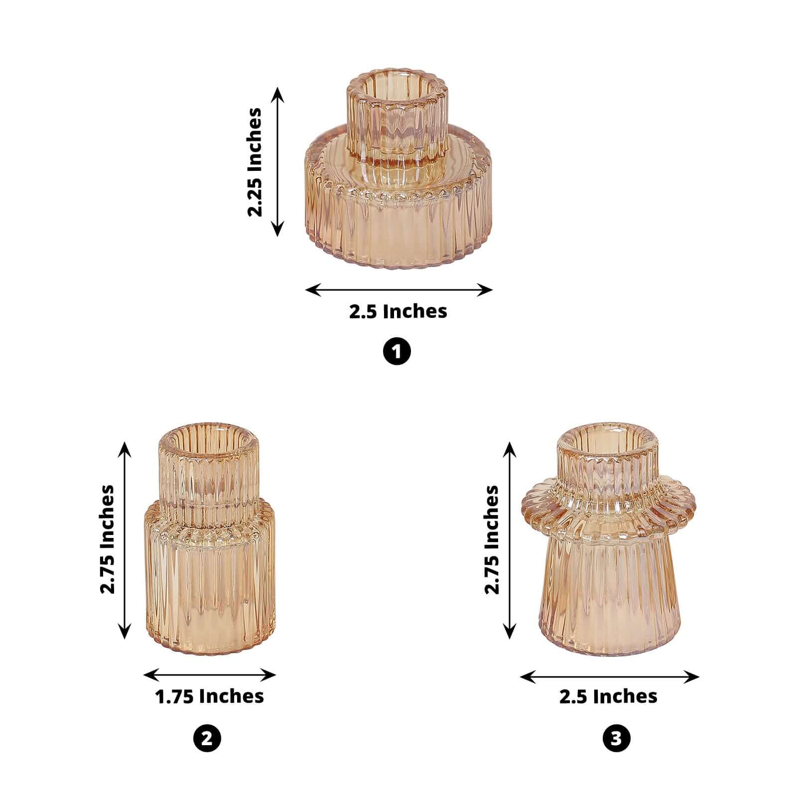 Set of 6 Glass Taper Candle Holders Ribbed Crystal Design Amber Gold - Reversible Mini Votive Tealight Stands 3" - Bell Racket Store