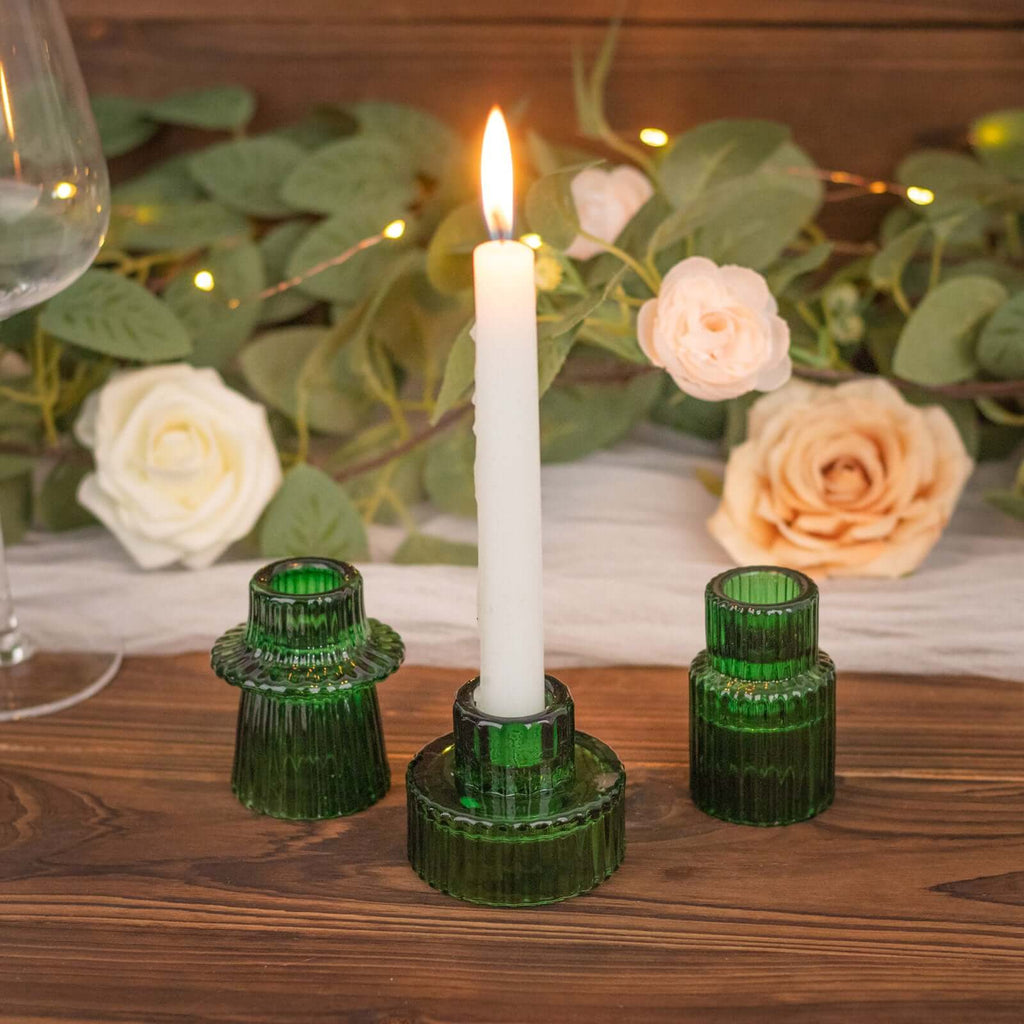 Set of 6 Glass Taper Candle Holders Ribbed Crystal Design Hunter Emerald Green - Reversible Mini Votive Tealight Stands 3" - Bell Racket Store