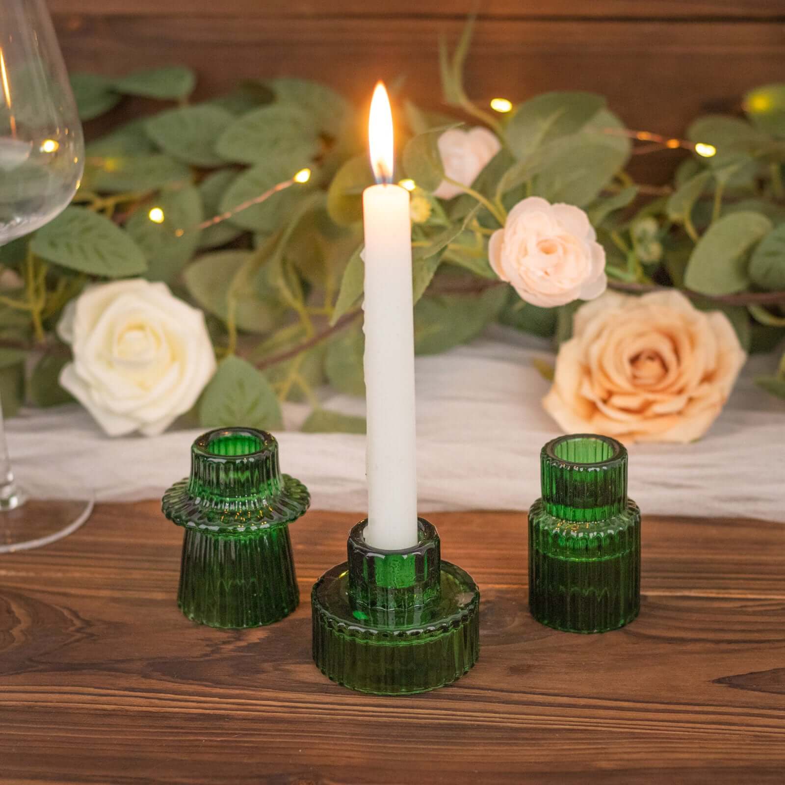 Set of 6 Glass Taper Candle Holders Ribbed Crystal Design Hunter Emerald Green - Reversible Mini Votive Tealight Stands 3" - Bell Racket Store