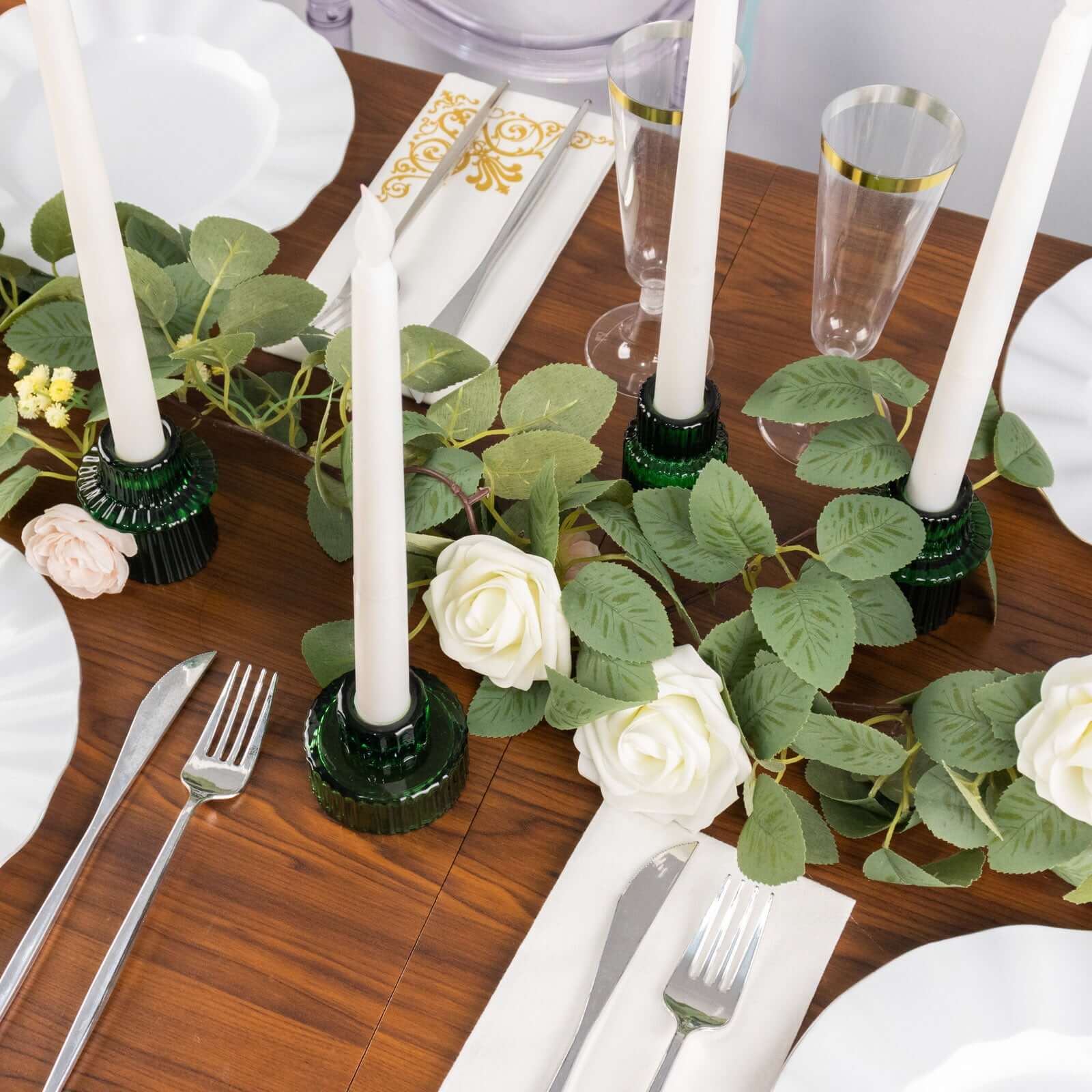 Set of 6 Glass Taper Candle Holders Ribbed Crystal Design Hunter Emerald Green - Reversible Mini Votive Tealight Stands 3" - Bell Racket Store