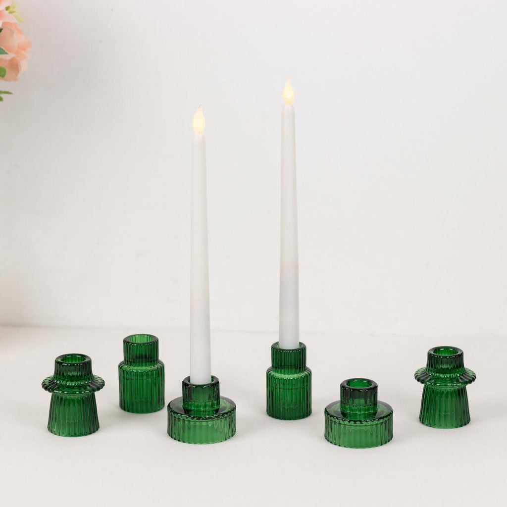 Set of 6 Glass Taper Candle Holders Ribbed Crystal Design Hunter Emerald Green - Reversible Mini Votive Tealight Stands 3" - Bell Racket Store