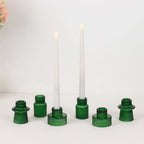 Set of 6 Glass Taper Candle Holders Ribbed Crystal Design Hunter Emerald Green - Reversible Mini Votive Tealight Stands 3" - Bell Racket Store