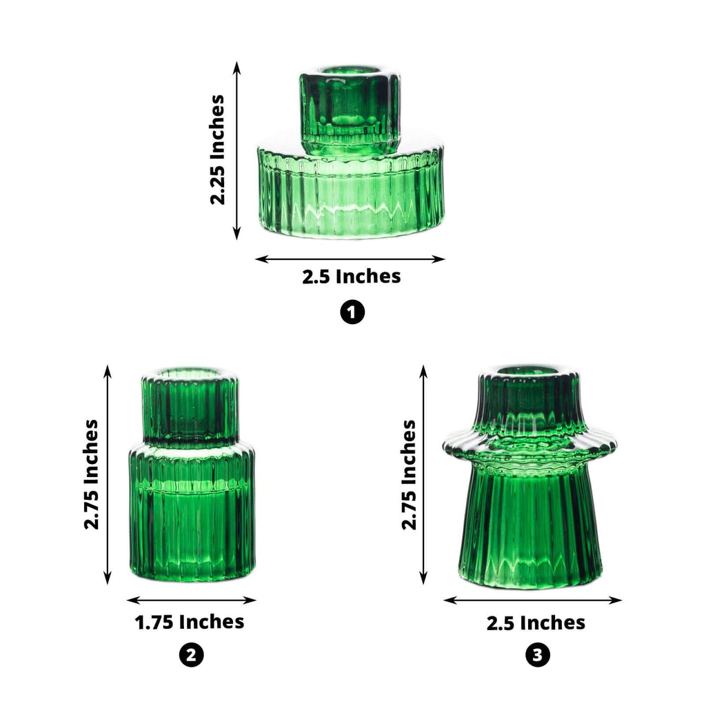 Set of 6 Glass Taper Candle Holders Ribbed Crystal Design Hunter Emerald Green - Reversible Mini Votive Tealight Stands 3" - Bell Racket Store