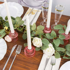 Set of 6 Glass Taper Candle Holders Ribbed Crystal Design Pink - Reversible Mini Votive Tealight Stands 3" - Bell Racket Store