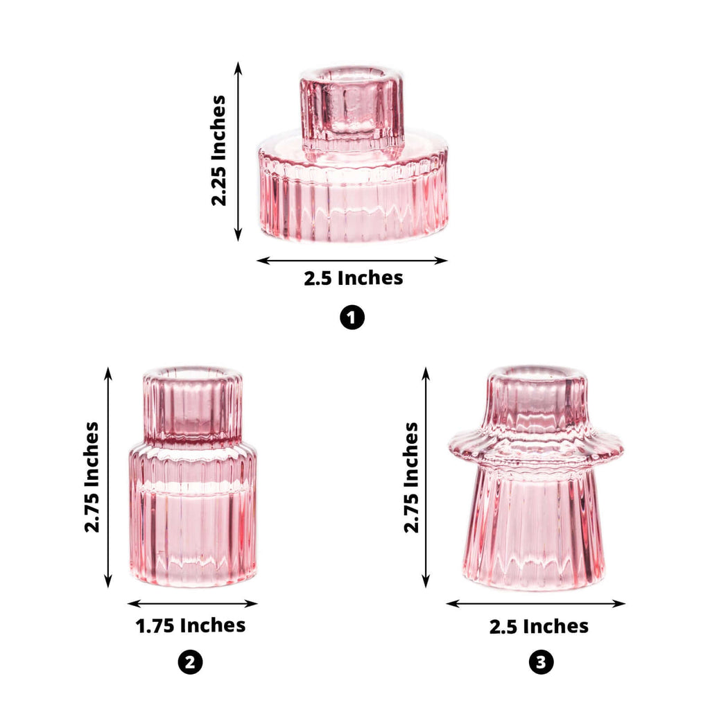 Set of 6 Glass Taper Candle Holders Ribbed Crystal Design Pink - Reversible Mini Votive Tealight Stands 3" - Bell Racket Store