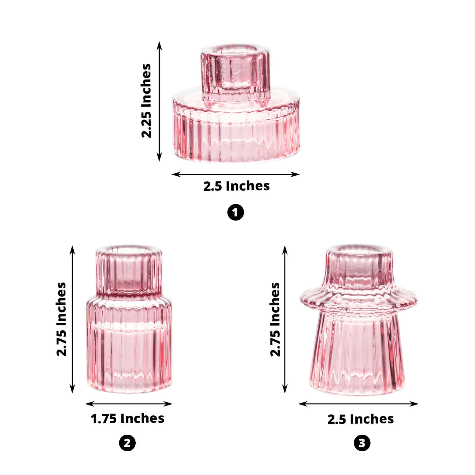 Set of 6 Glass Taper Candle Holders Ribbed Crystal Design Pink - Reversible Mini Votive Tealight Stands 3" - Bell Racket Store