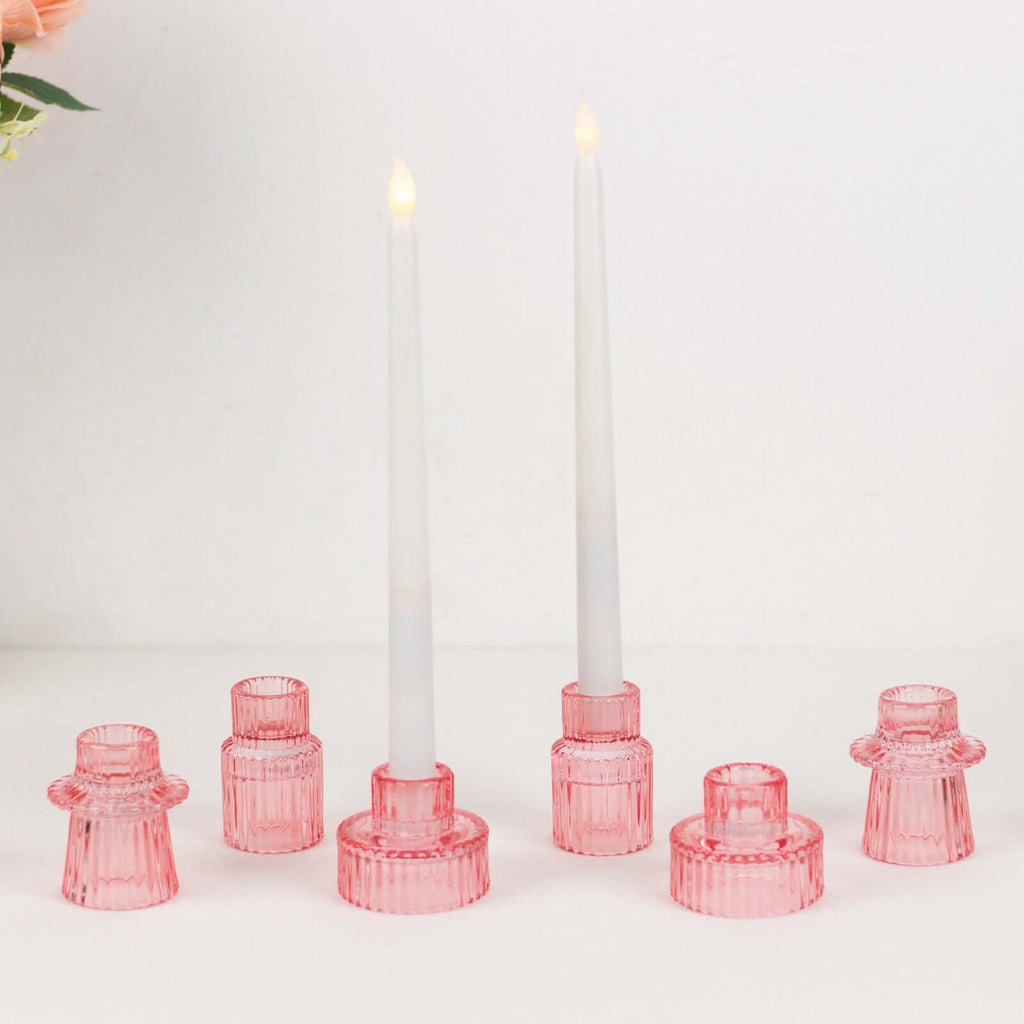 Set of 6 Glass Taper Candle Holders Ribbed Crystal Design Pink - Reversible Mini Votive Tealight Stands 3" - Bell Racket Store