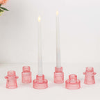Set of 6 Glass Taper Candle Holders Ribbed Crystal Design Pink - Reversible Mini Votive Tealight Stands 3" - Bell Racket Store