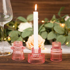 Set of 6 Glass Taper Candle Holders Ribbed Crystal Design Pink - Reversible Mini Votive Tealight Stands 3" - Bell Racket Store
