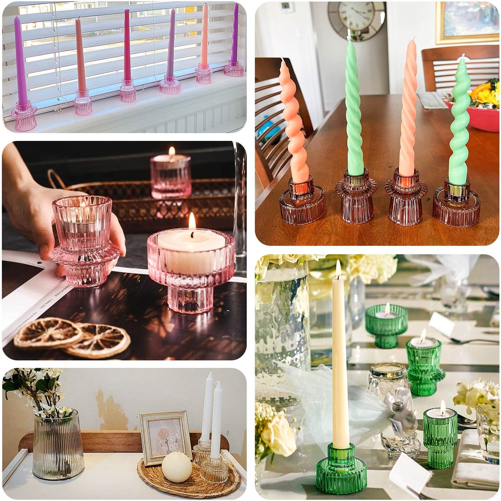 Set of 6 Glass Taper Candle Holders Ribbed Crystal Design Pink - Reversible Mini Votive Tealight Stands 3" - Bell Racket Store