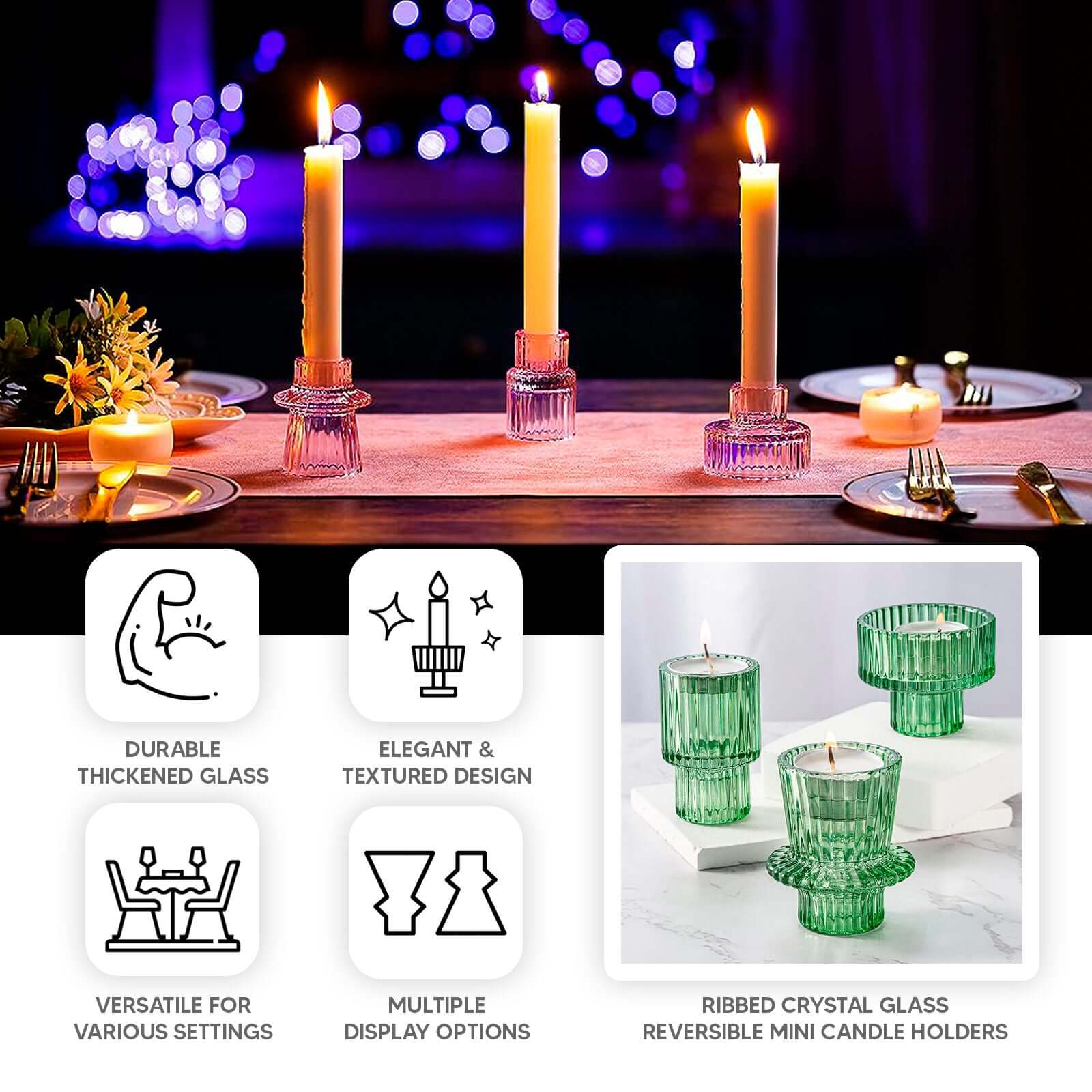 Set of 6 Glass Taper Candle Holders Ribbed Crystal Design with Gold Rim Clear - Reversible Mini Votive Tealight Stands 3" - Bell Racket Store