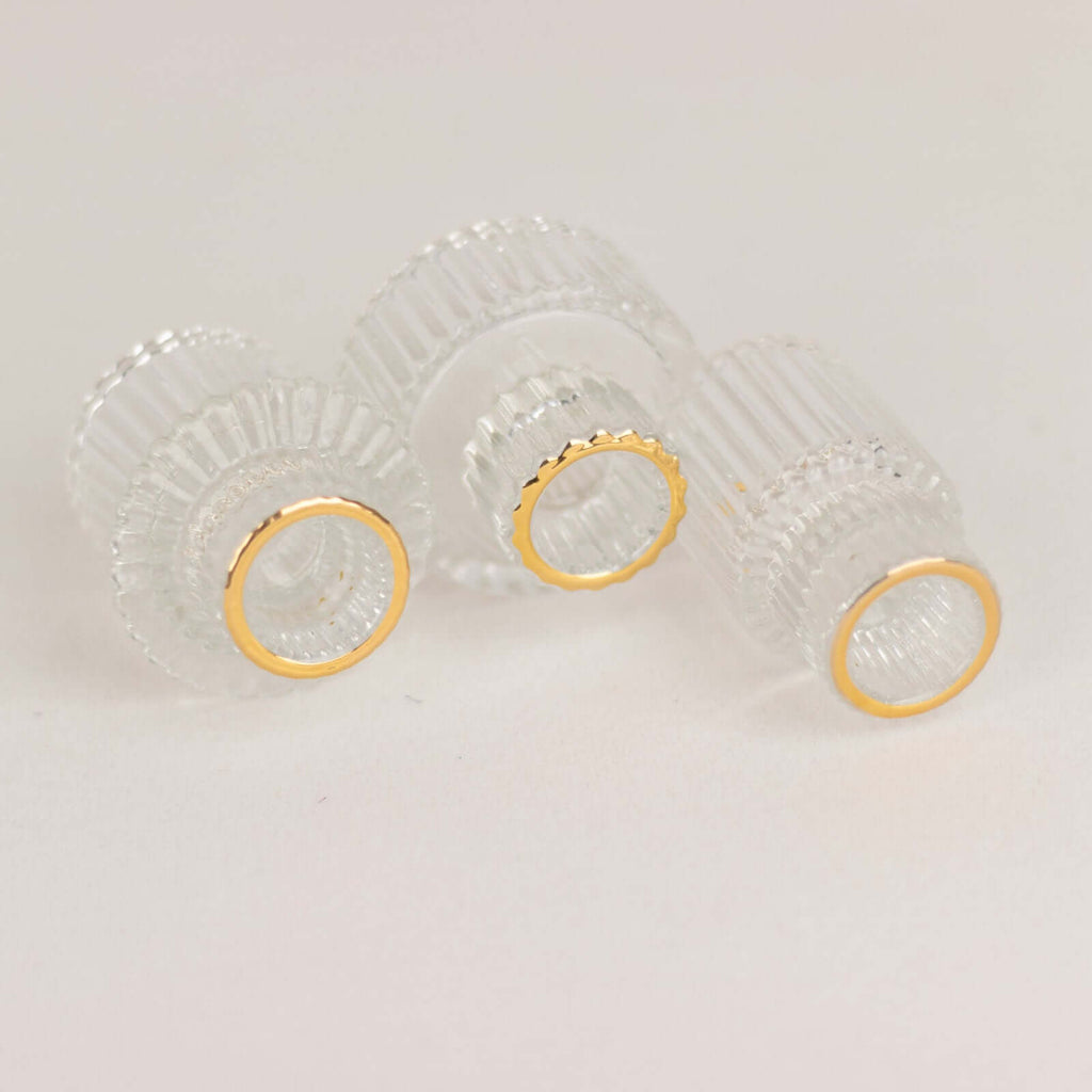 Set of 6 Glass Taper Candle Holders Ribbed Crystal Design with Gold Rim Clear - Reversible Mini Votive Tealight Stands 3" - Bell Racket Store