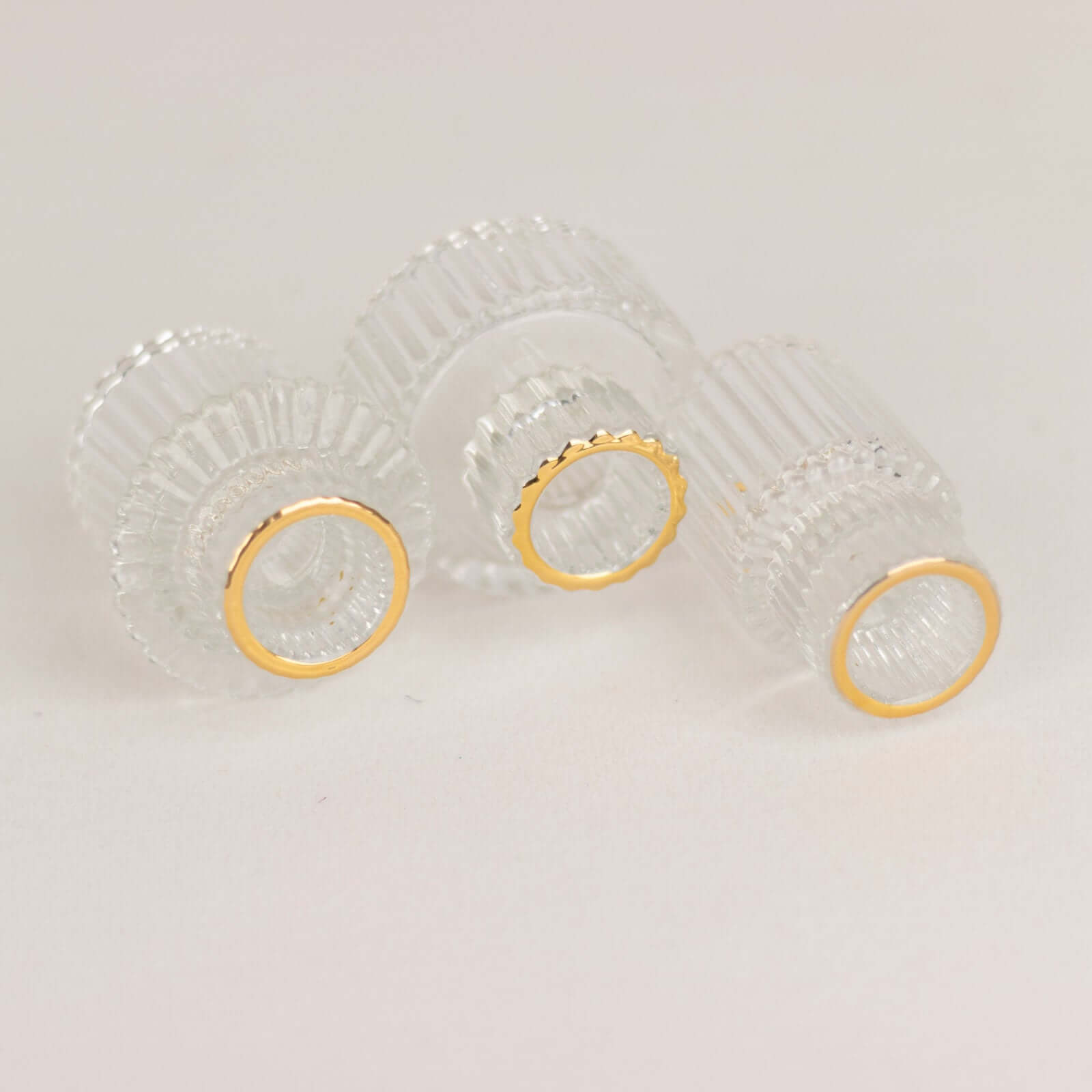 Set of 6 Glass Taper Candle Holders Ribbed Crystal Design with Gold Rim Clear - Reversible Mini Votive Tealight Stands 3" - Bell Racket Store