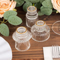 Set of 6 Glass Taper Candle Holders Ribbed Crystal Design with Gold Rim Clear - Reversible Mini Votive Tealight Stands 3" - Bell Racket Store