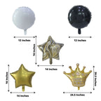 Set of 6 Gold Black Marble Mylar Foil Party Balloon Set, Star, Round and Crown Balloon Bouquet With Ribbon, Party Decorations - Bell Racket Store