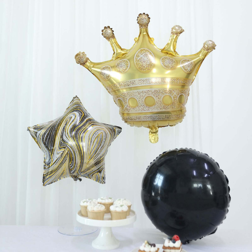 Set of 6 Gold Black Marble Mylar Foil Party Balloon Set, Star, Round and Crown Balloon Bouquet With Ribbon, Party Decorations - Bell Racket Store
