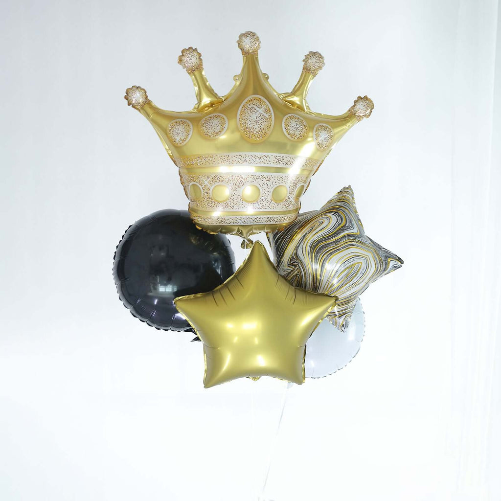 Set of 6 Gold Black Marble Mylar Foil Party Balloon Set, Star, Round and Crown Balloon Bouquet With Ribbon, Party Decorations - Bell Racket Store