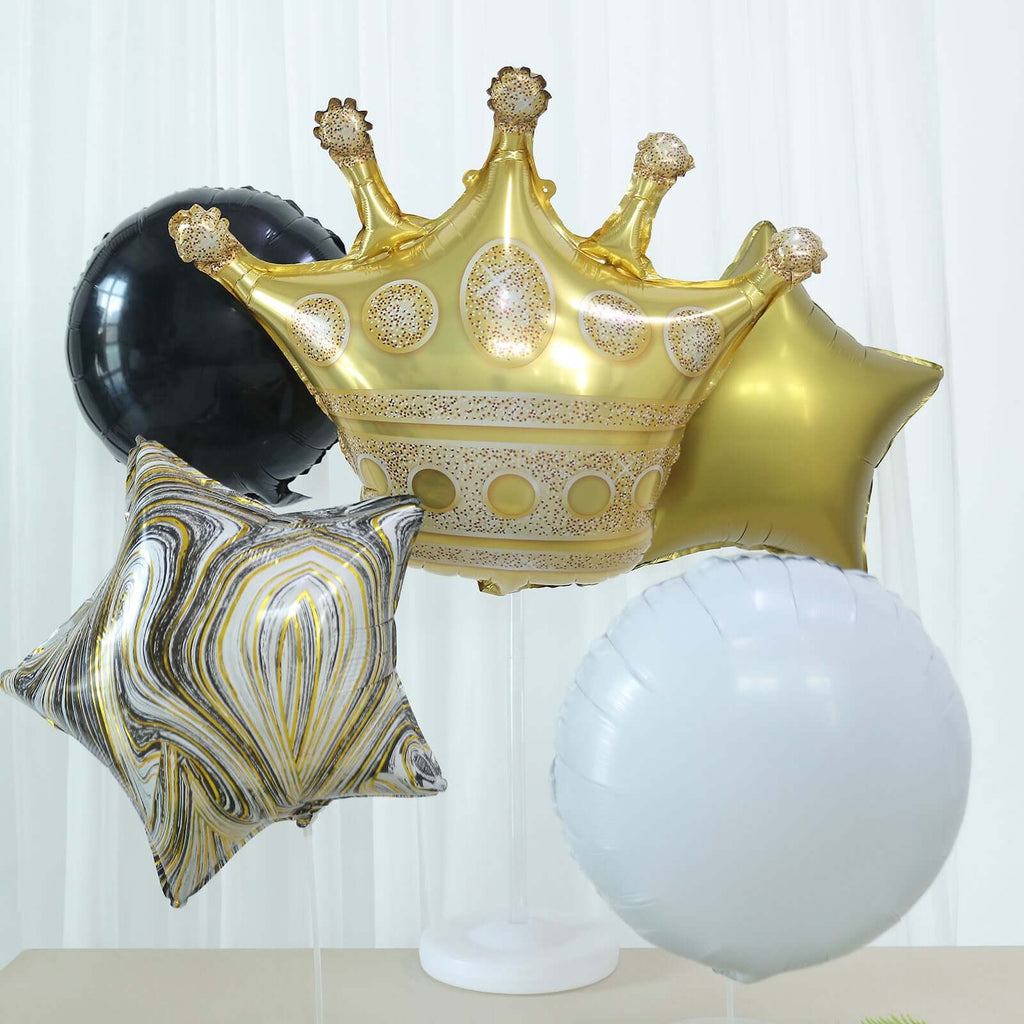 Set of 6 Gold Black Marble Mylar Foil Party Balloon Set, Star, Round and Crown Balloon Bouquet With Ribbon, Party Decorations - Bell Racket Store