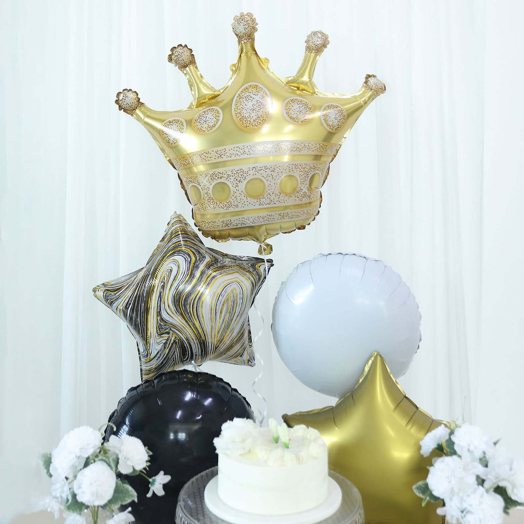 Set of 6 Gold Black Marble Mylar Foil Party Balloon Set, Star, Round and Crown Balloon Bouquet With Ribbon, Party Decorations - Bell Racket Store
