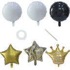 Set of 6 Gold Black Marble Mylar Foil Party Balloon Set, Star, Round and Crown Balloon Bouquet With Ribbon, Party Decorations - Bell Racket Store