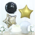 Set of 6 Gold Black Marble Mylar Foil Party Balloon Set, Star, Round and Crown Balloon Bouquet With Ribbon, Party Decorations - Bell Racket Store
