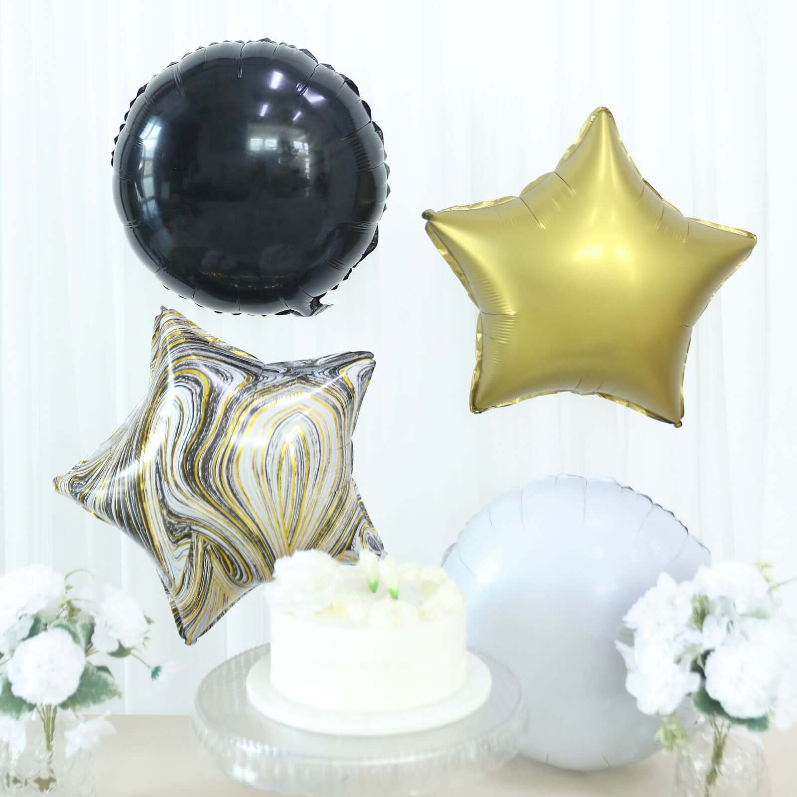 Set of 6 Gold Black Marble Mylar Foil Party Balloon Set, Star, Round and Crown Balloon Bouquet With Ribbon, Party Decorations - Bell Racket Store