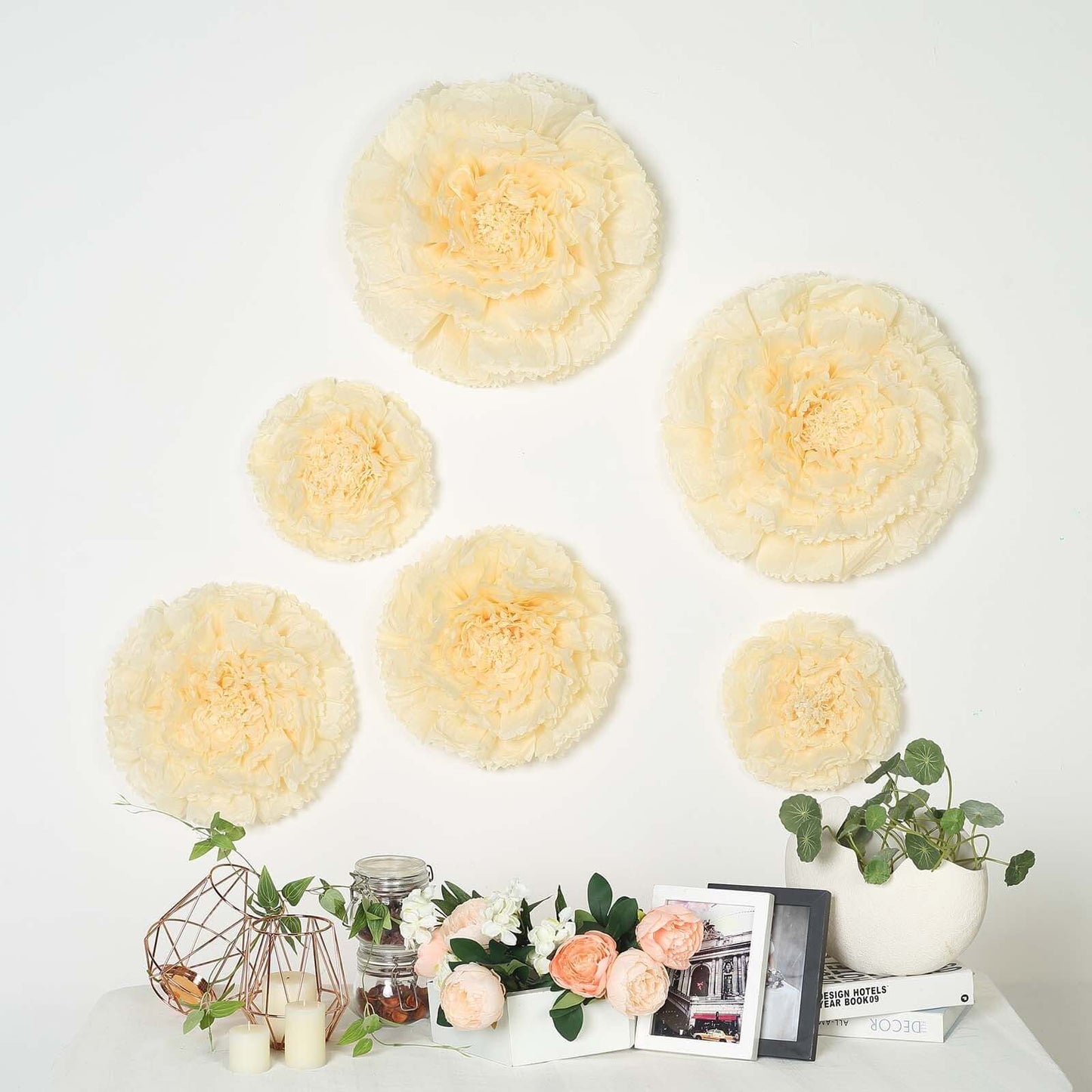 Set of 6 Ivory Cream Giant Carnation 3D Paper Flowers Wall Decor - 12",16",20"