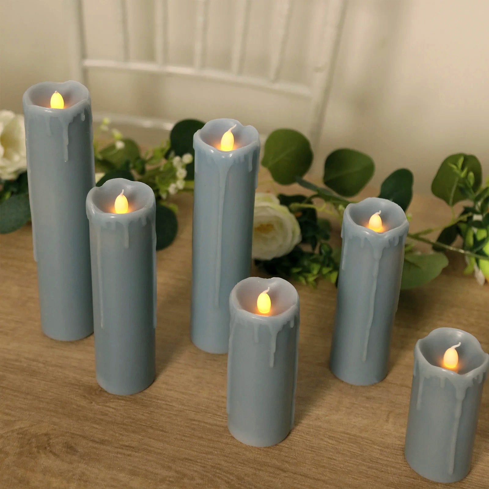 Set of 6 LED Flameless Luminaria Candles Drip Wax Dusty Blue - Battery Operated Pillar Lighting - Bell Racket Store