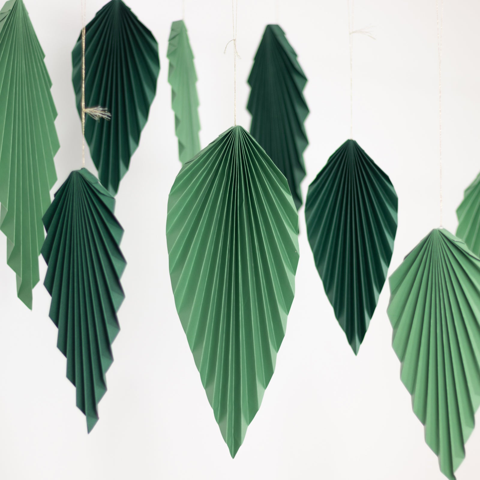 Set of 6 Mixed Green Leaves Hanging Paper Fans Backdrop Decor, Pre - Strung Foldable Tropical Palm Leaves Jungle Theme Party Supplies - 11",15" - Bell Racket Store