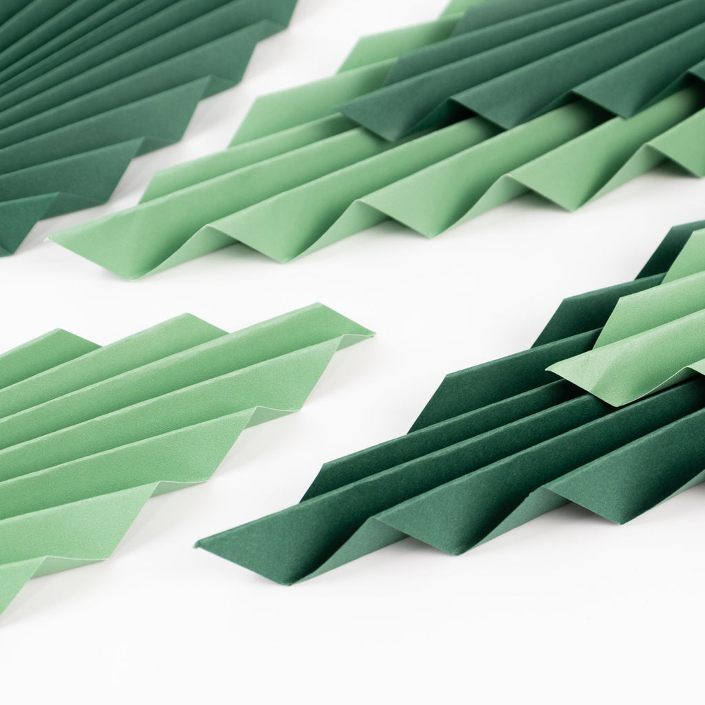 Set of 6 Mixed Green Leaves Hanging Paper Fans Backdrop Decor, Pre - Strung Foldable Tropical Palm Leaves Jungle Theme Party Supplies - 11",15" - Bell Racket Store