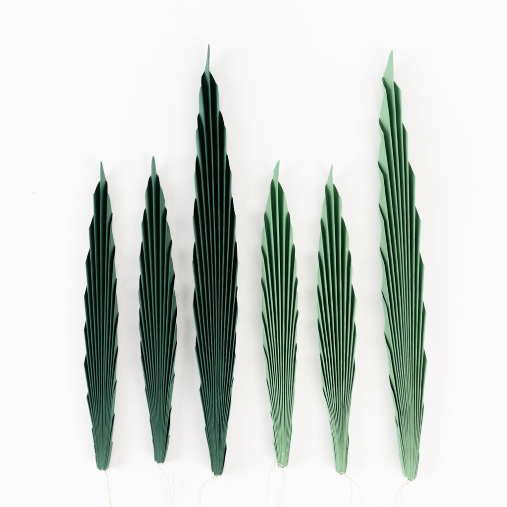 Set of 6 Mixed Green Leaves Hanging Paper Fans Backdrop Decor, Pre - Strung Foldable Tropical Palm Leaves Jungle Theme Party Supplies - 11",15" - Bell Racket Store