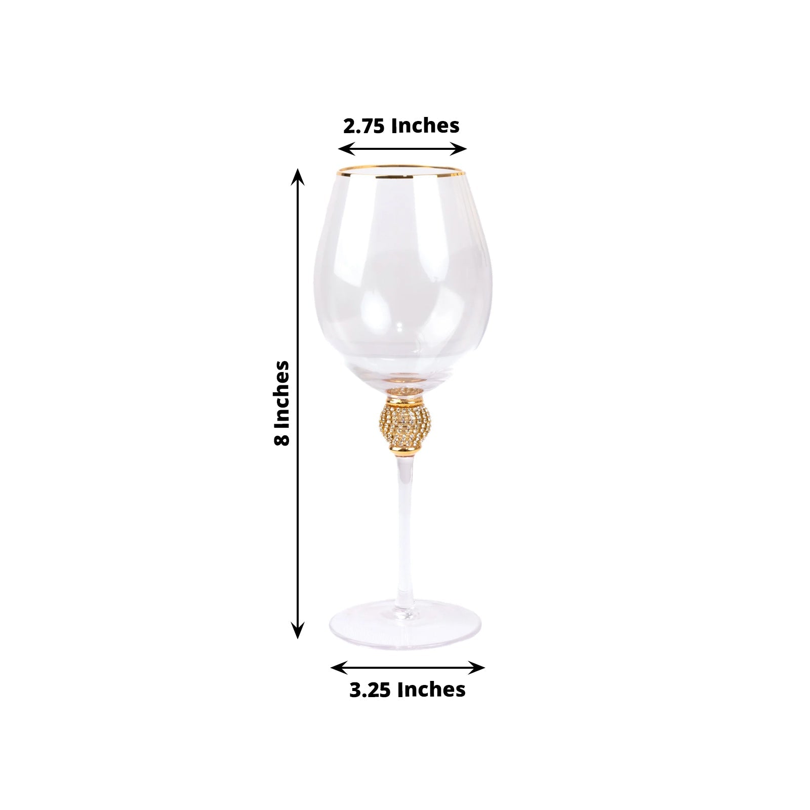 Set of 6 Wine Goblet Glasses Clear Gold Rimmed Design with Rhinestone Studded Stem - Handblown Vintage Crystal Glasses for Cocktails 16oz 10" - Bell Racket Store