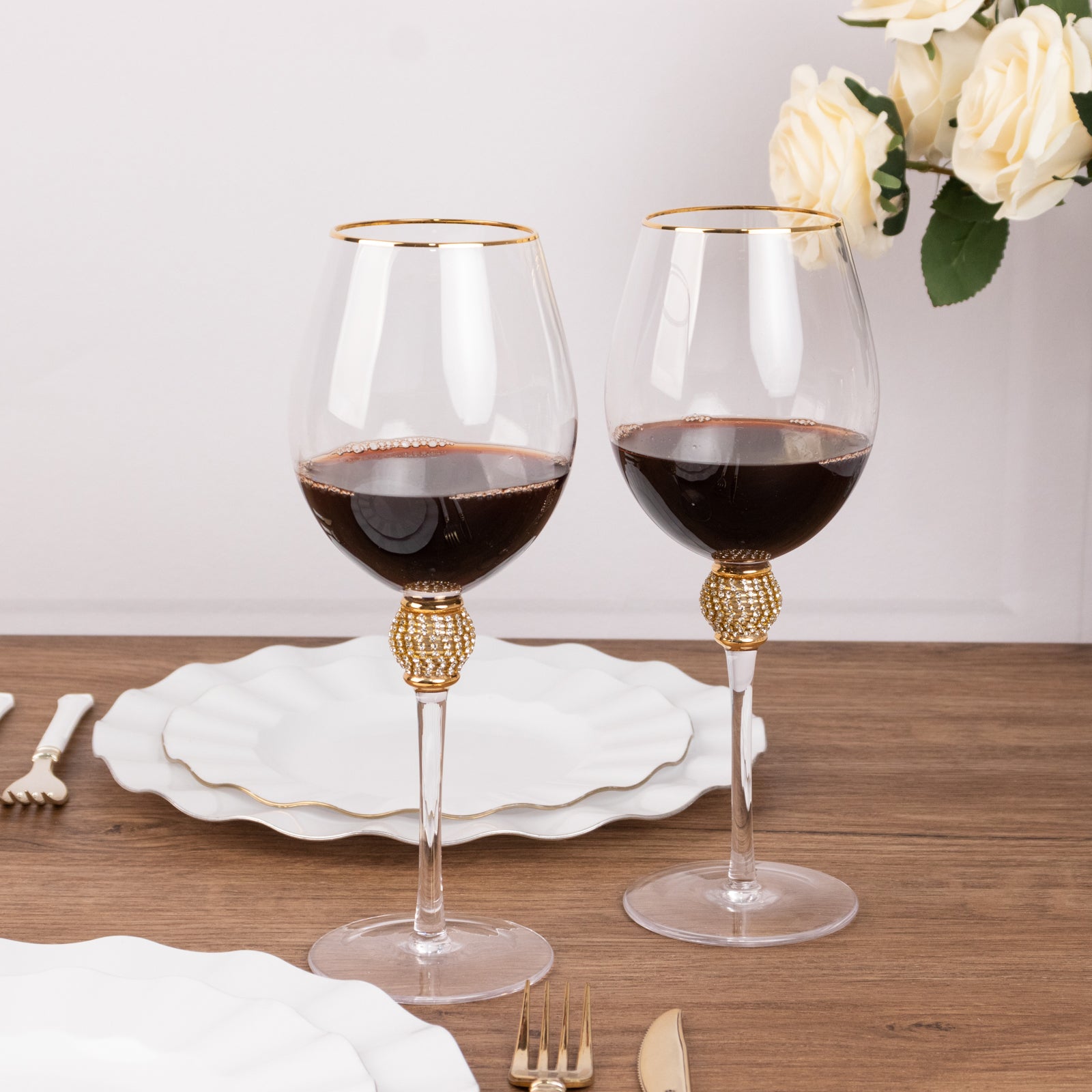 Set of 6 Wine Goblet Glasses Clear Gold Rimmed Design with Rhinestone Studded Stem - Handblown Vintage Crystal Glasses for Cocktails 16oz 10" - Bell Racket Store