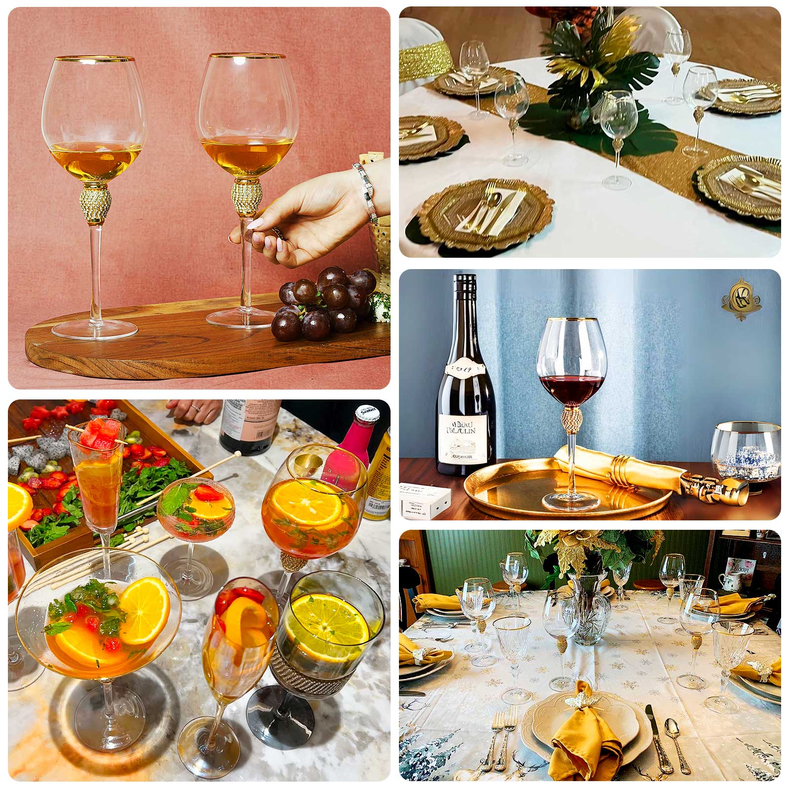 Set of 6 Wine Goblet Glasses Clear Gold Rimmed Design with Rhinestone Studded Stem - Handblown Vintage Crystal Glasses for Cocktails 16oz 10" - Bell Racket Store